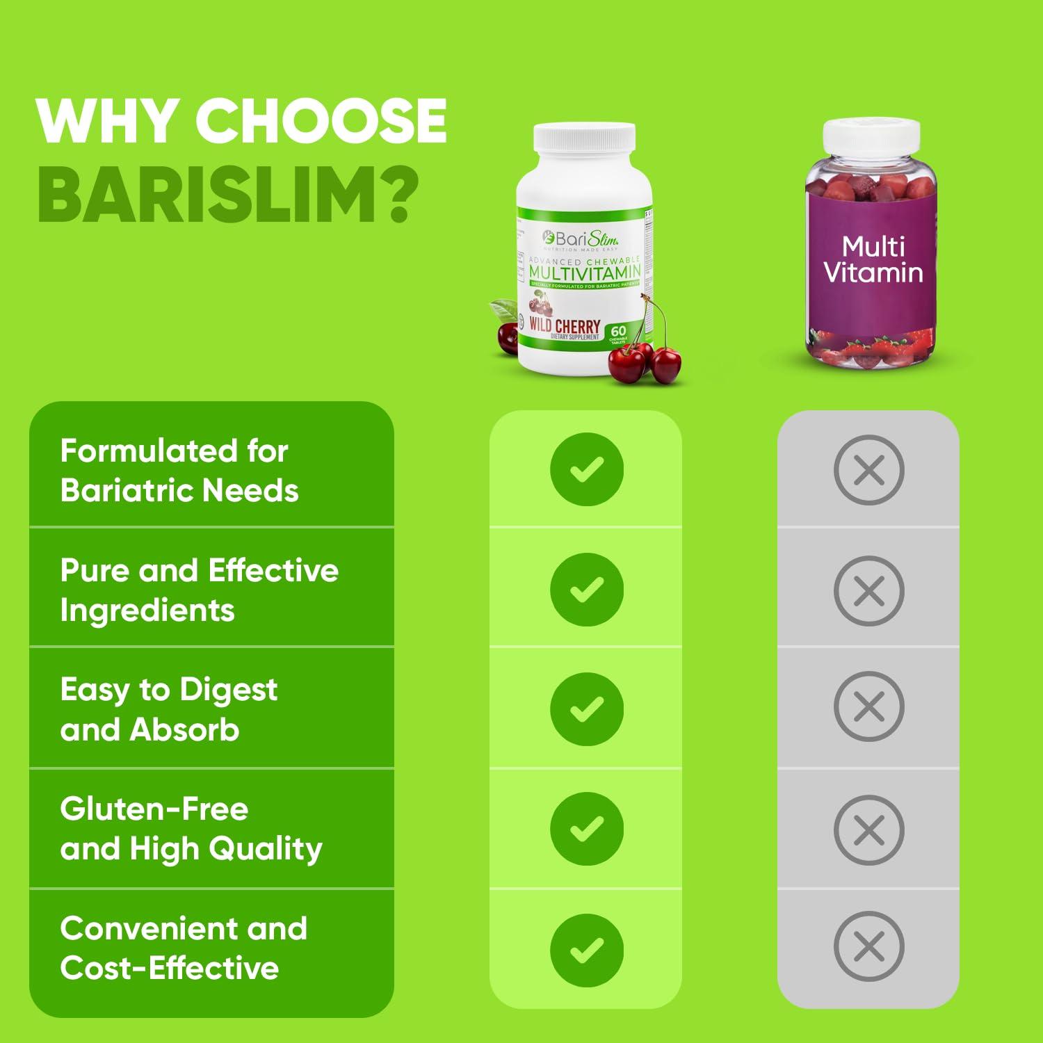 BariSlim BariSlim Advanced Chewable Bariatric Multivitamin Tablets - Bariatric Vitamin and Supplement for Post Bariatric Surgery Including Gastric Bypass and Gastric Sleeve | Wild Cherry (60 Count)