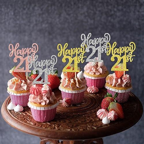 ZHUOWEISM 24PCS Happy 21st Cupcake Toppers Gold Rose Gold Silver Glitter Twenty One Cheers to 21 Years Number 21 Birthday Cupcake Picks for Happy 21st Birthday Wedding Anniversary Party Cake Decorations