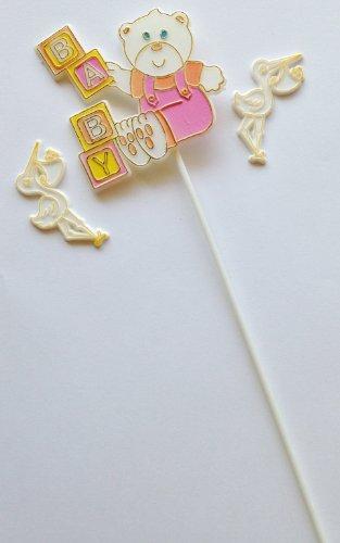 Vintage Pink & Gold Vintage Baby Bear & Stork Baby Shower Cake & Cupcake Topper Decorations (3 Pieces)