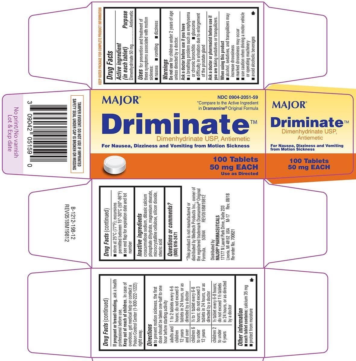 MAJOR Driminate Generic for Dramamine Motion Sickness 50 mg Anti Nausea 100 count