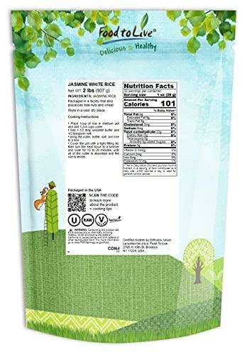 Food to Live Jasmine White Rice, 2 Pounds – Long-Grain, Raw, Vegan, and Kosher, Bulk. Fluffy Texture. Good Source of Protein and Folate. Perfect Side Dish. Great for Stir-Fried Vegetables, Stews, and Thai Curries