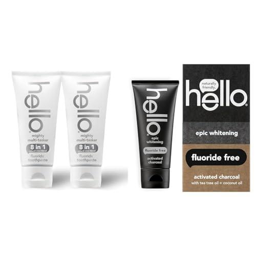 hello hello Mighty Multitasker Fluoride Toothpaste, 8-in-1 Toothpaste with Minty Flavor & Activated Charcoal Epic Whitening Fluoride Free Toothpaste, Fresh Mint + Coconut Oil, Vegan & SLS Free