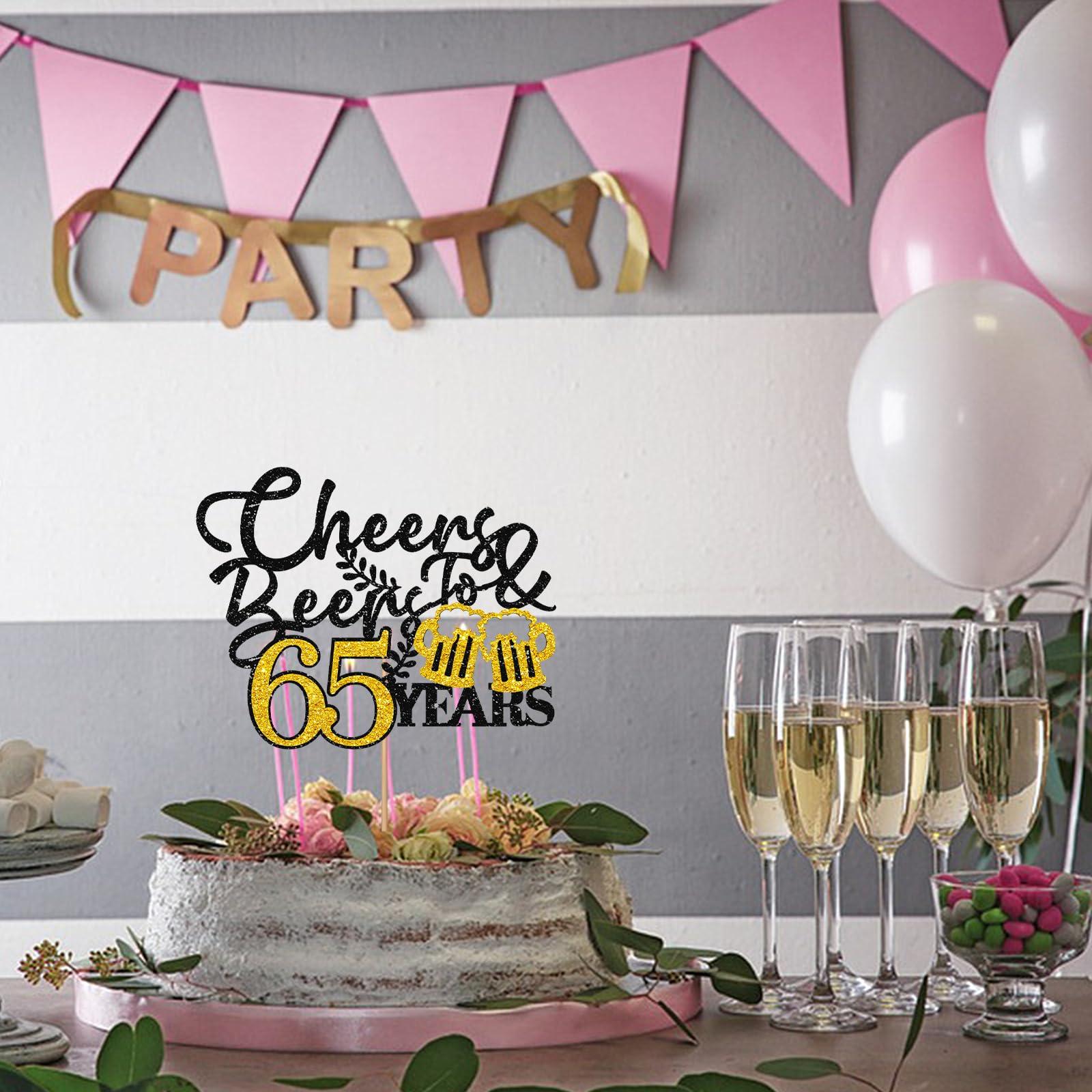MAONICA Cheers & Beers to 65 Years Cake Topper, Gold&Black Glitter Happy 65th Birthday Cake Topper for Men, Beer Sign Cheers To 65 Years Cake Decor, Happy 65th Anniversary Party Decoration