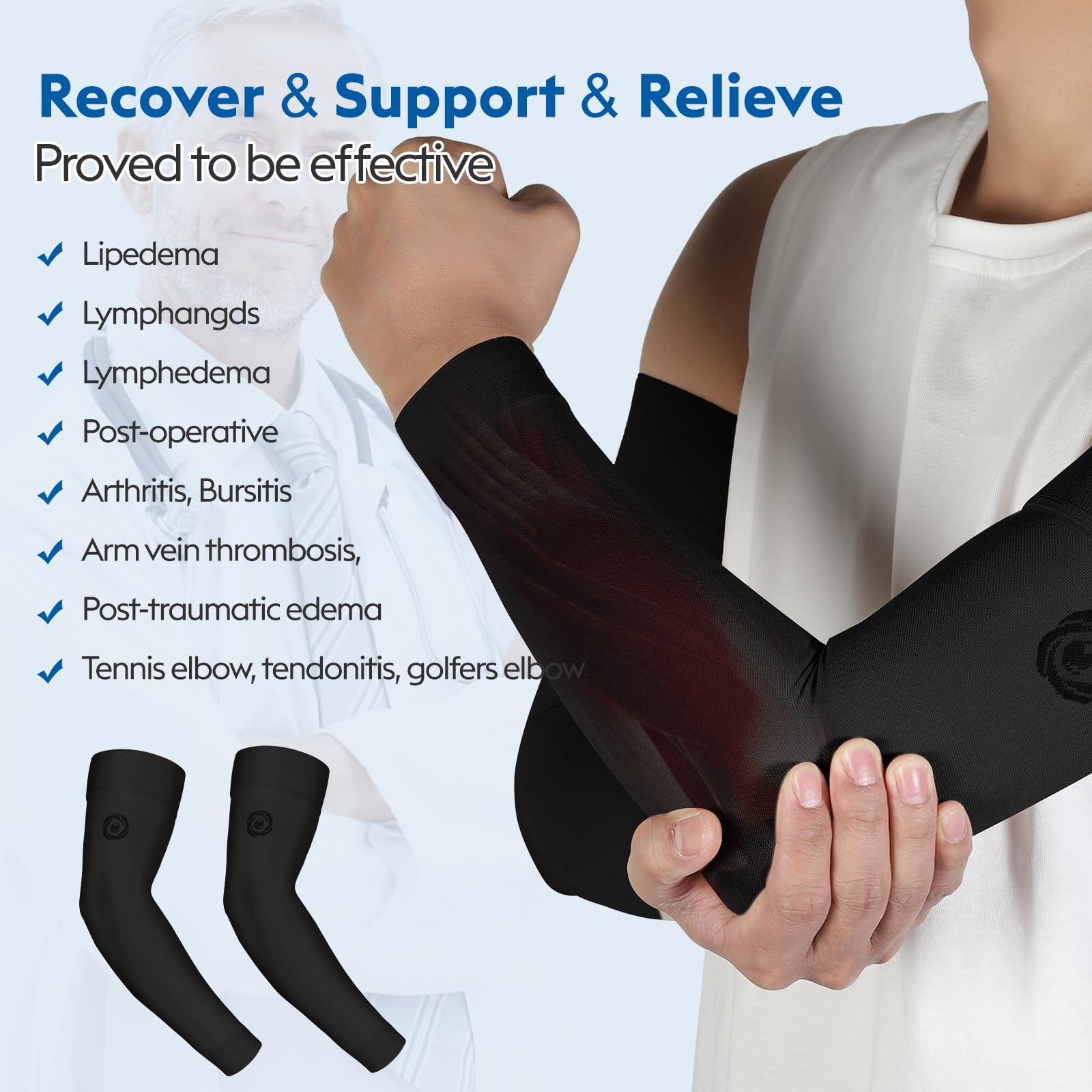 NURCOM NURCOM® Medical Compression Arm Sleeve for Men Women, 2 Pack, 20-30mmHg Full Arm Support with Silicone Band for Lymphedema, Lipedema, Pain Relief, Edema, Swelling, Post Surgery Recovery, Black L