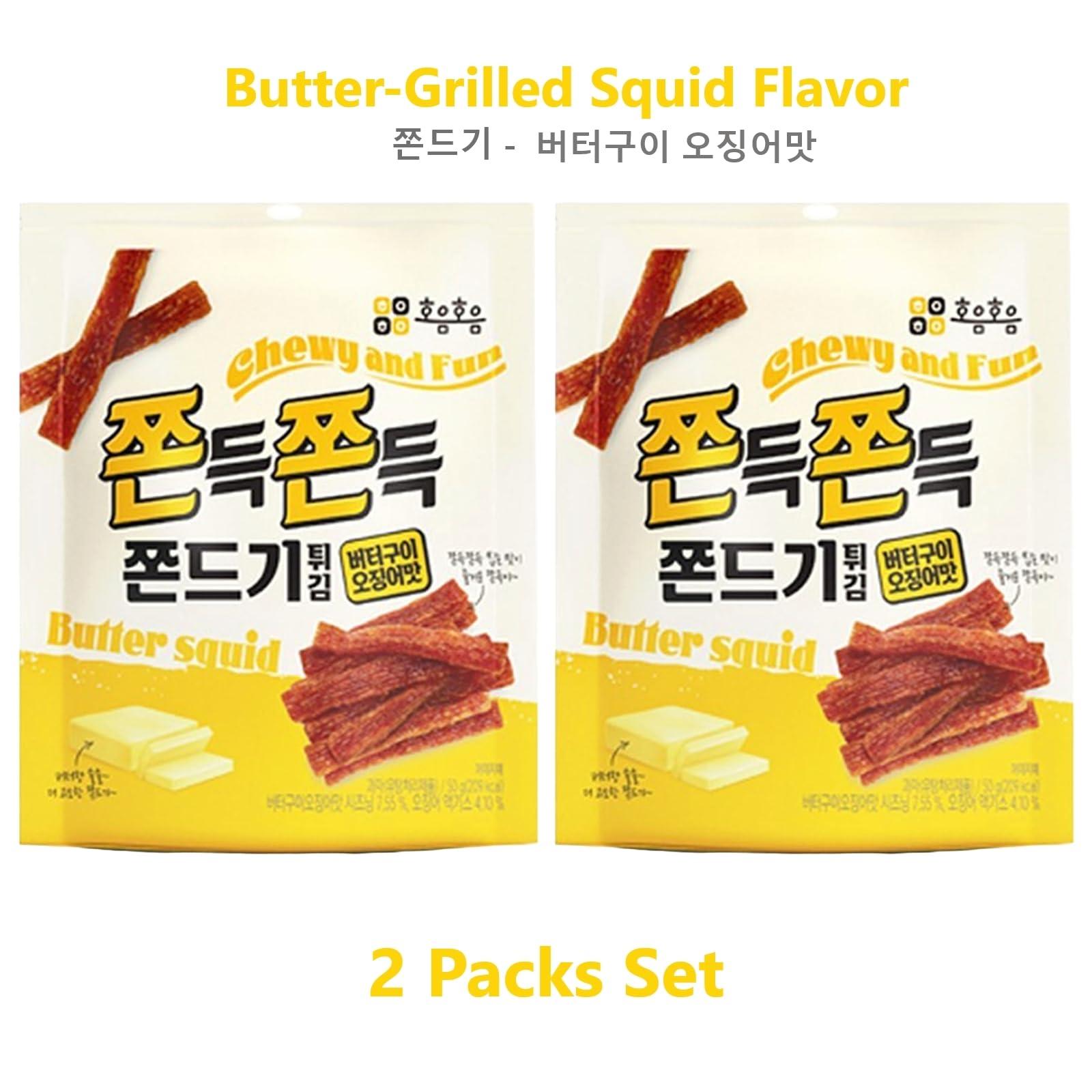 MENBLY Jjondigi Korean Old School Snack Jjondgi 2 Pack Set (Tteokbokki/Butter squid/Spicy Buldak) (Butter-Grilled Squid Flavor)