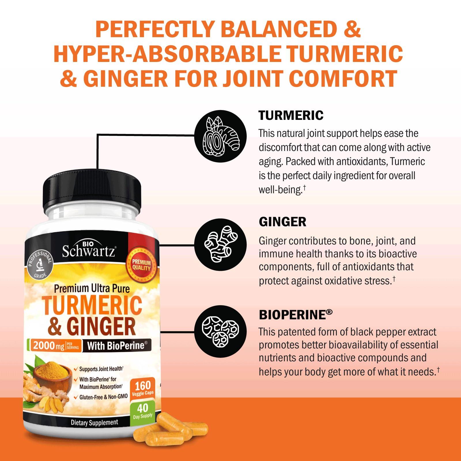 BioSchwartz Turmeric and Ginger Supplement with BioPerine - 2000mg High Absorption, 95% Curcuminoids - Non-GMO, Gluten-Free Turmeric Supplement for Joint and Immune Support - 160 Capsules