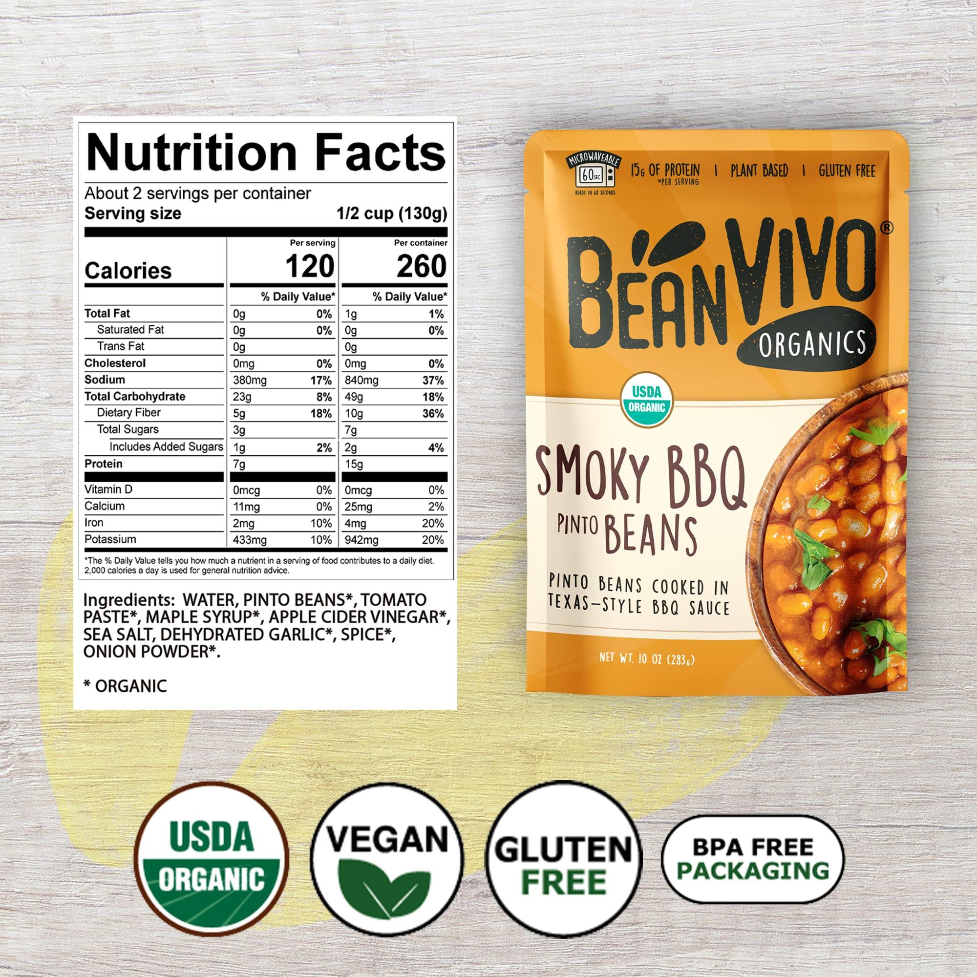BeanVivo BeanVIVO (Pack of 6) Organics Plant based Protein BBQ Pinto Beans - Good Source of Fiber - Nutritious & Microwave Meals - Gluten-Free Plant Food - 10 oz