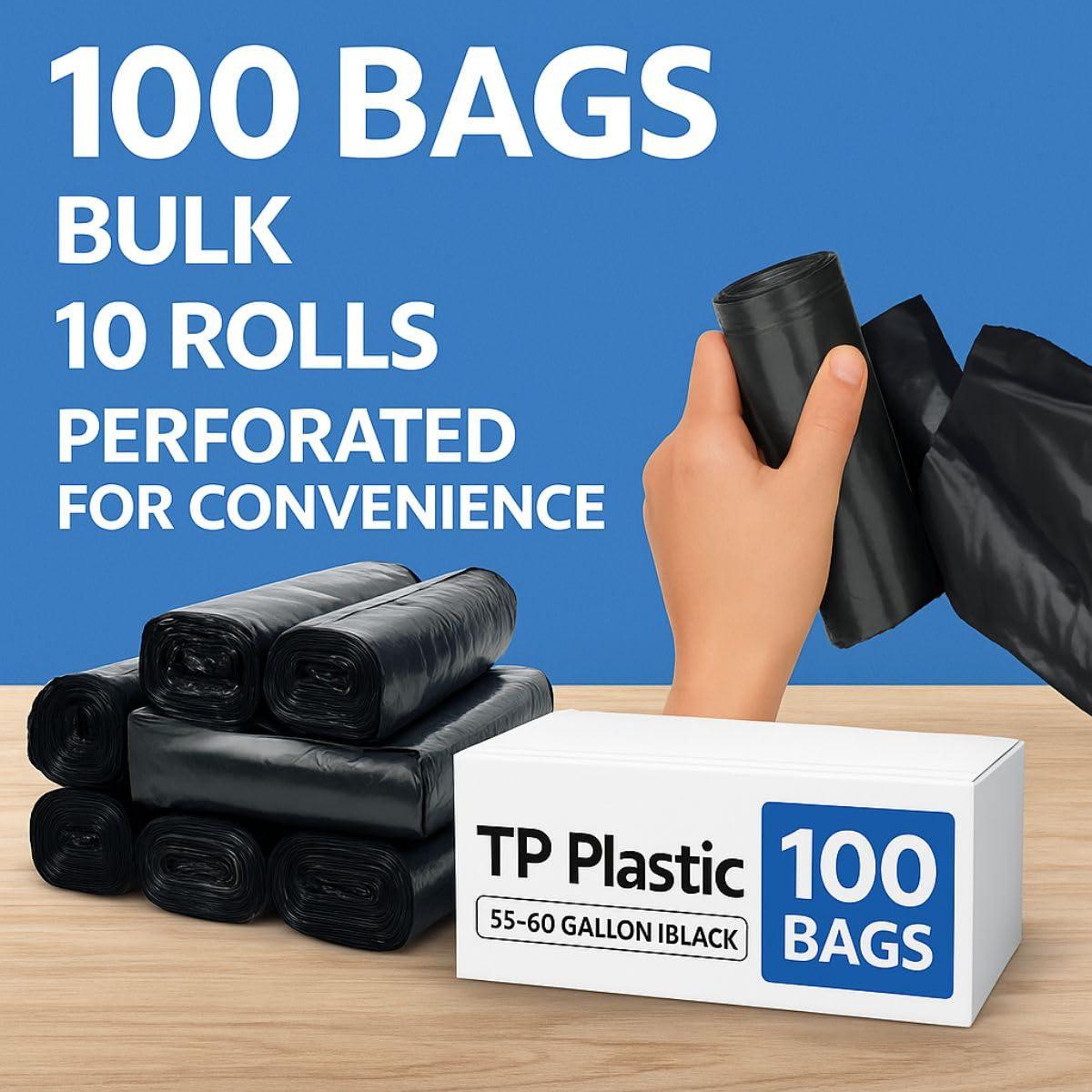 TP PLASTIC TP Plastic 40-45 Gallon Trash Bags Heavy Duty Large Black Trash Bags for Contractor Garbage Bags, 100 Bags, 40\'\' x 46\'\' x 1.5mil