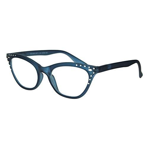 SA106 Womens Bling Rhinestone Plastic Cat Eye Horn Rim Powered Reading Glasses Blue 1.25