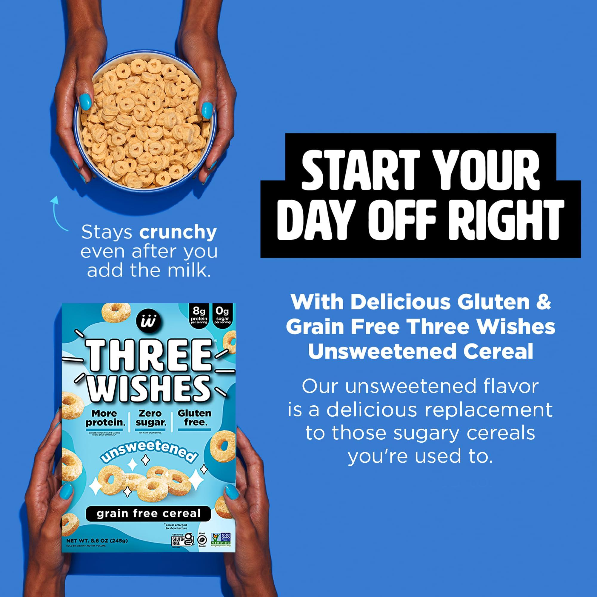 Three Wishes Plant-Based and Vegan Breakfast Cereal by Three Wishes - Unsweetened, 1 Pack - More Protein and Less Sugar Snack - Gluten-Free, Grain-Free - Non-GMO