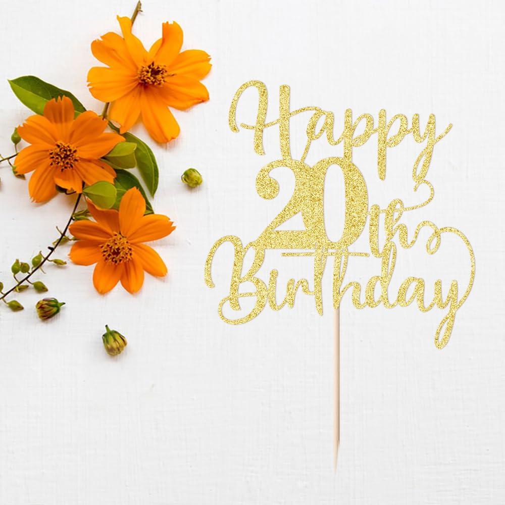Gtseryeio Gtseryeio Happy 20th Birthday Cake Topper, Cheers to 20Years Birthday, Gold Glitter 20 Birthday Party Cake Decoration Supplies (20)