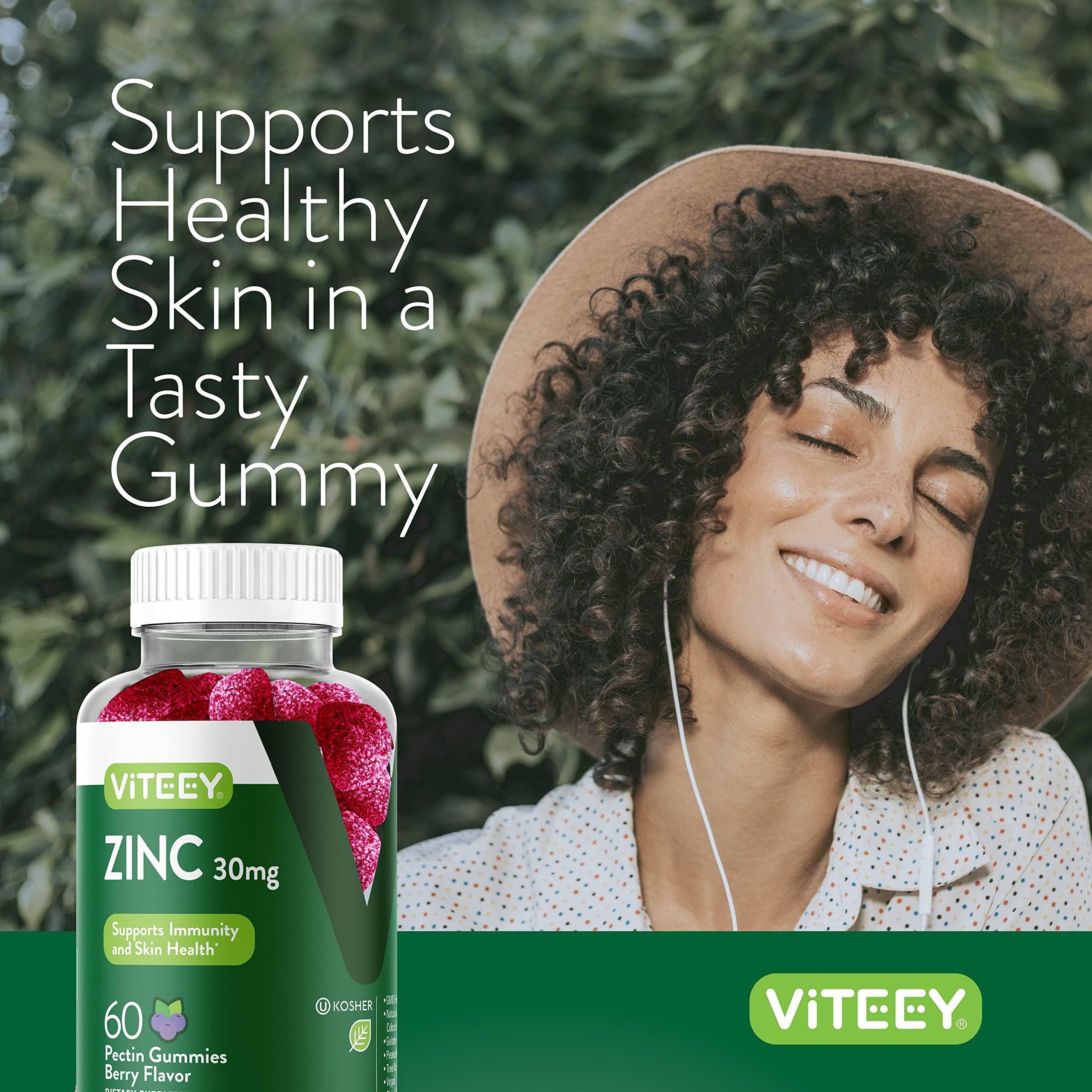 Viteey Zinc Gummies Adult & Teens - 30mg - Immune Health Support & Antioxidant Support - Vitamin Zinc Supplement - Vegan, Gelatin Free, GMO Free - Tasty Chewable Berry Flavored Gummy