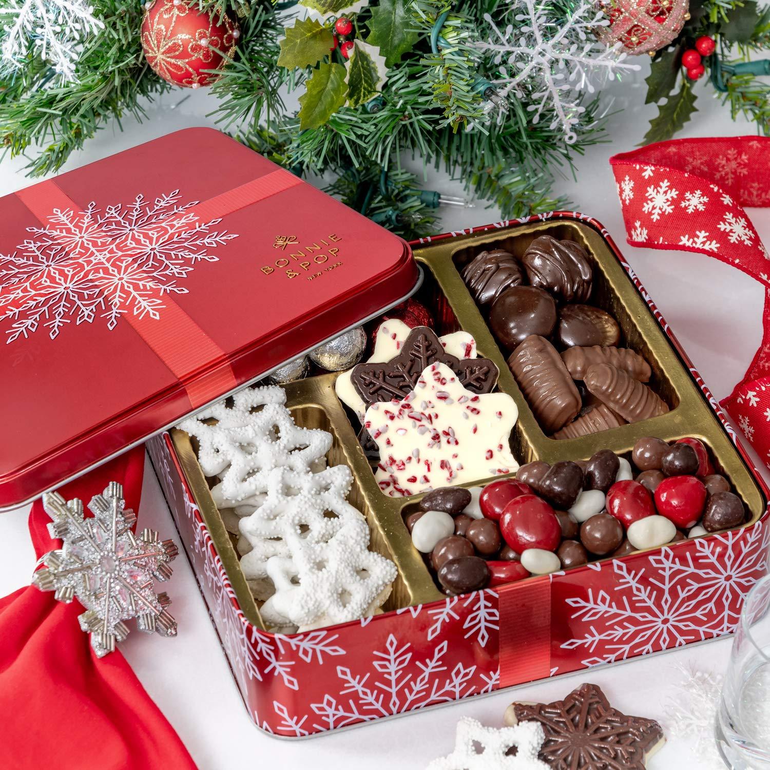 BONNIE AND POP Bonnie and Pop's Holiday Tin- with Assorted Christmas Chocolate, Nuts, Bark, Truffles – Festive, Corporate, Family, Gift Basket Idea for Men and Women