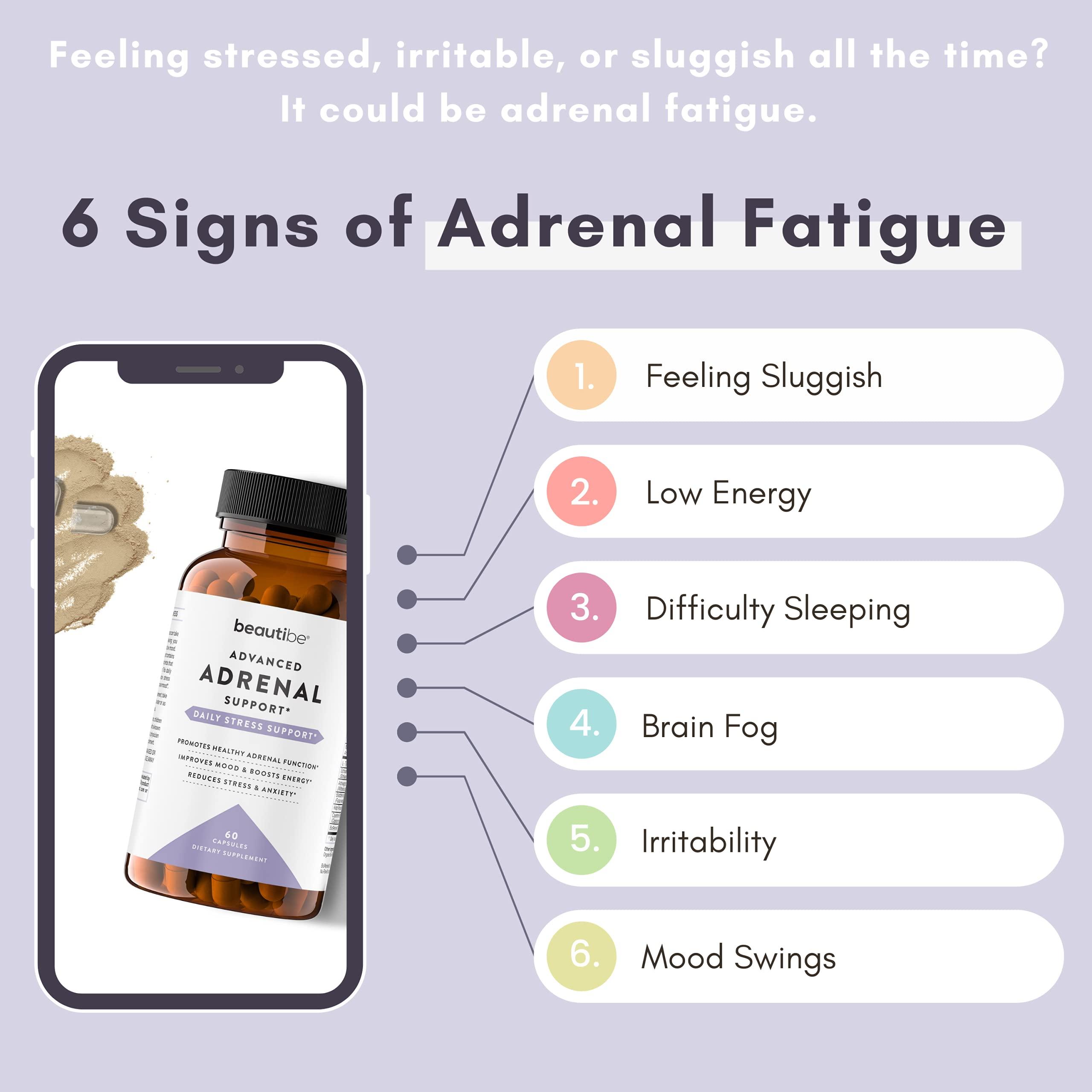 BeautiBe Adrenal Support for Women & Men Cortisol Manager Natural Stress Relief Supplement - Adrenal Fatigue, Mood Health, and Energy Supplements with Ashwagandha & L-Tyrosine 60 Non-GMO Veggie Capsules