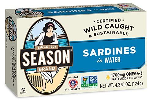 SEASON Season Sardines in Water – Wild Caught Fish, 22g of Protein, Keto Snacks, More Omega 3's Than Tuna, High in Calcium, Canned Sardines – 4.37 Oz Tins, 12-Pack
