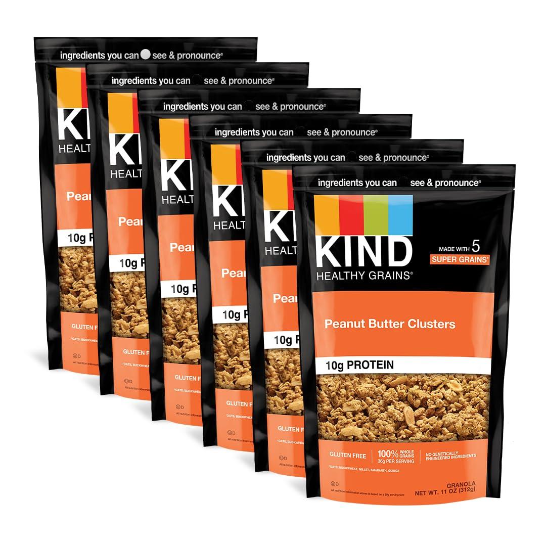 KIND KIND HEALTHY GRAINS Granola Family Size, Healthy Snack, Peanut Butter Granola Clusters, 10g Protein, Snack Mix 11 OZ (6 Pack)