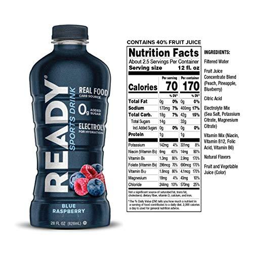 Ready Ready Sports Drink, Electrolyte Blend with B Vitamins and No Added Sugar, Blue Raspberry, 28 Fluid Ounces