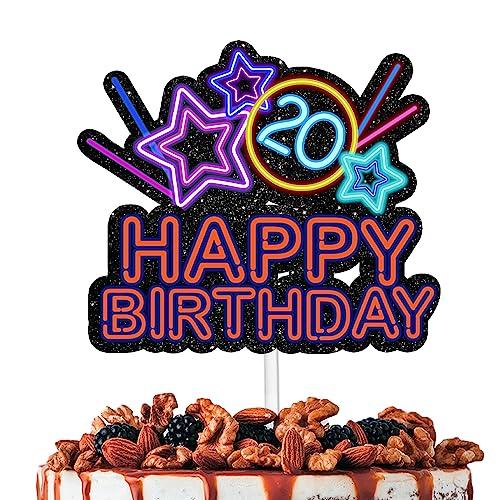 HEYUWING Colorful Glitter Star Happy Birthday 20 Cake Topper Lets Glow Crazy Party Theme Decoration Supplies Boys Girls Happy 20th Birthday Anniversary Party Decor Supplies