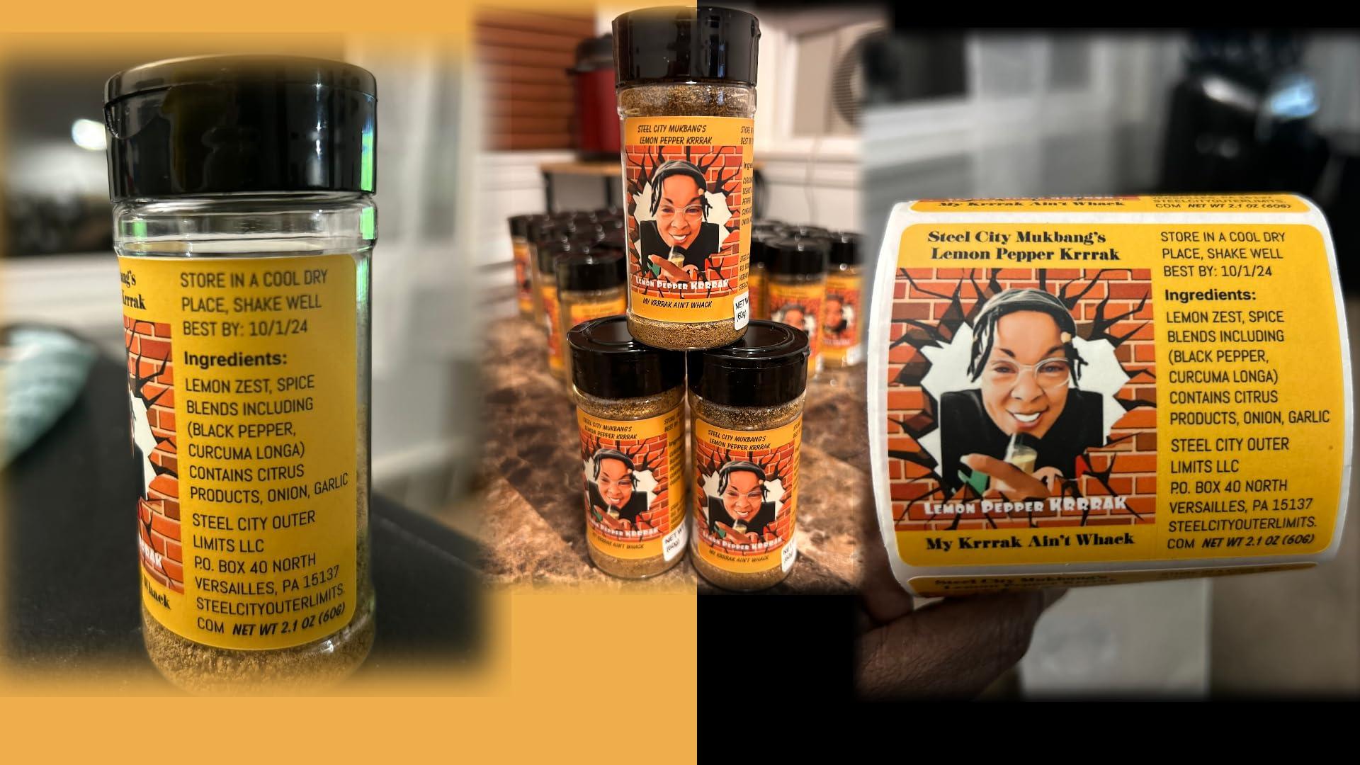 Steel City Mukbang\'s Lemon Pepper Krrrak Steel City Mukbang\'s Lemon Pepper Krrrak, Seasoning, Spices,Wing Crack, LPK, Wing Dust, Meat Topping, Great on Fruit and Veggies, Holiday Gift Idea, 1ct pkg size. Low Sodium, Universal Flavor, Unique