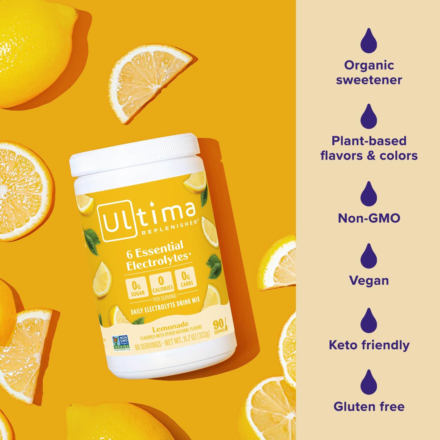 Ultima Replenisher Ultima Replenisher Daily Electrolyte Powder Drink Mix  Lemonade, 90 Servings  Hydration Powder with 6 Key Electrolytes and Trace Minerals  Keto Friendly, Vegan, Non-GMO and Sugar-Free