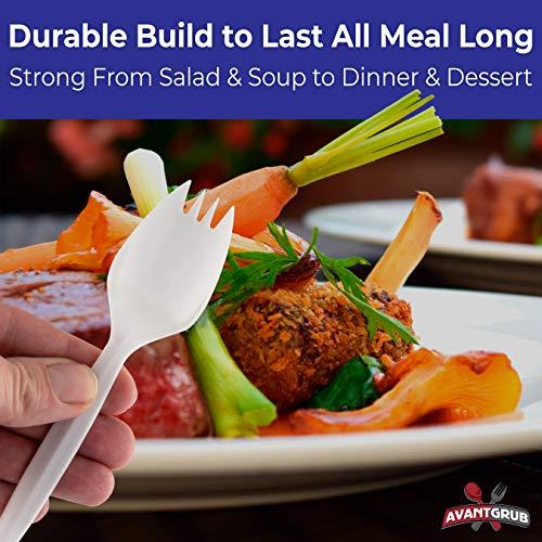 Avant Grub BPA-Free White Disposable Sporks 100 Pk. Recyclable, Eco-Friendly and Kid-Safe 2-in-1 Utensils Built Strong to Last Large Meals. Great for School Lunch, Picnics or Restaurant and Party Supply