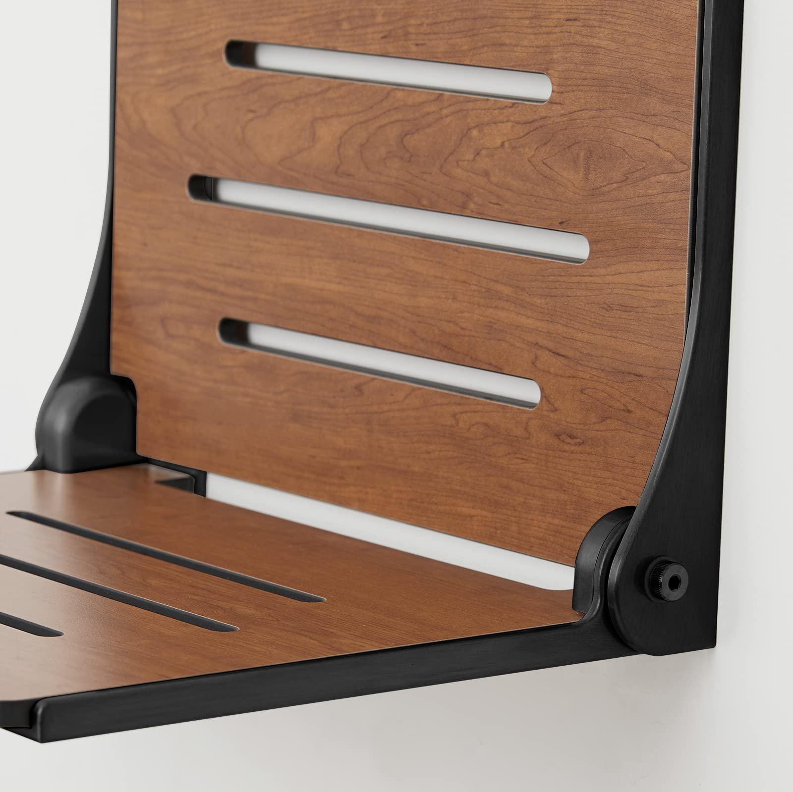 Seachrome Seachrome Silhouette Folding Wall Mount Shower Bench Seat, Rustic Teak Seat with Matte Black Frame (SHAF-185155-PRTS-S-MB)