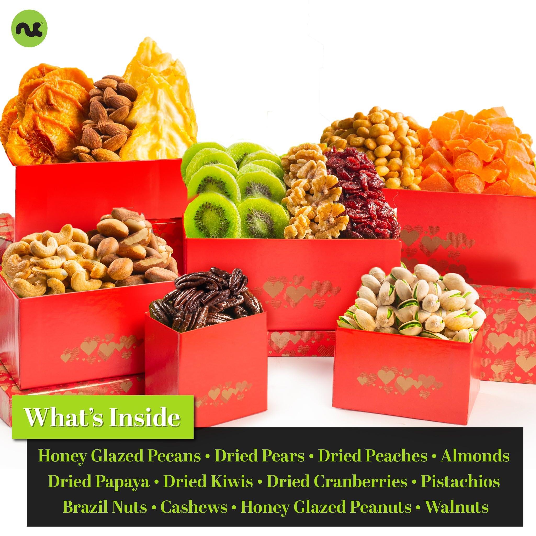 Nut Cravings NUT CRAVINGS Gourmet Collection - Valentines Day Dried Fruit & Mixed Nuts Gift Basket Red Tower + Heart Ribbon (12 Assortments) Galentines Arrangement Platter, Healthy Kosher USA Made Corporate