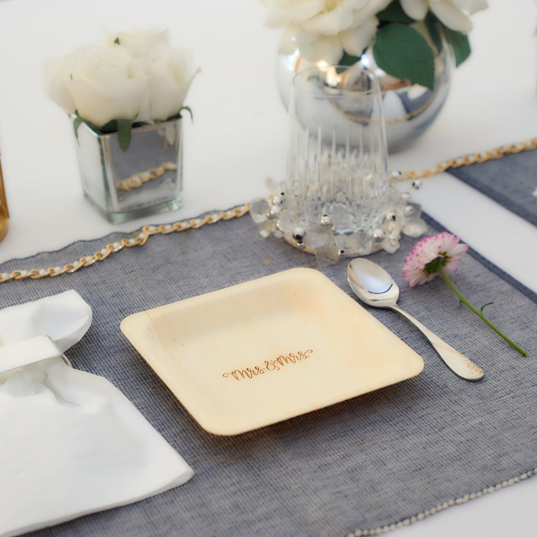 Wood & Wonder Mrs. and Mrs. Disposable Wedding Plates Rustic, Compostable Alternative to Plastic Plates for Wedding Receptions, Engagement Parties, and Rehearsal Dinners (Appetizer, 50-Pack)