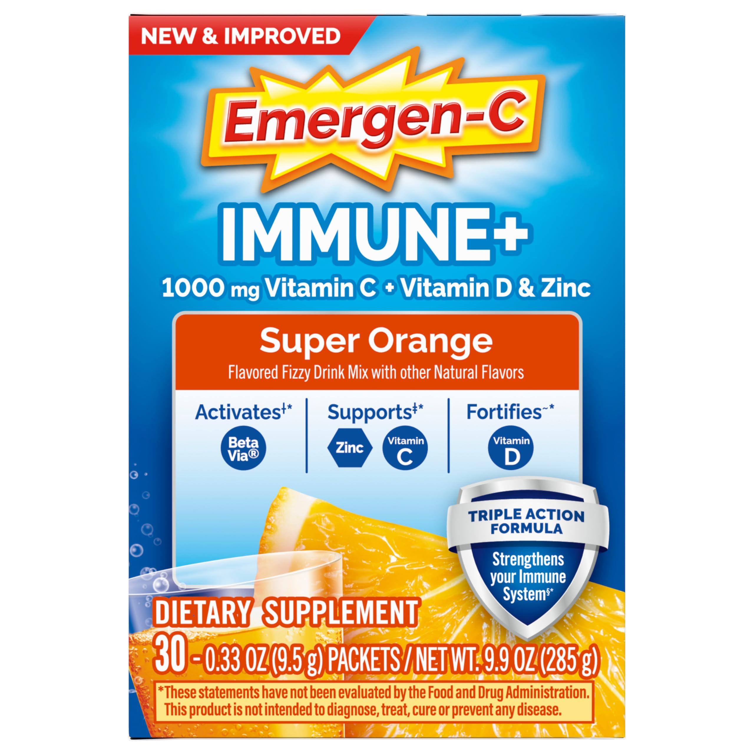 Emergen-C Emergen-C Immune+ Triple Action Immune Support Powder, BetaVia (R), 1000mg Vitamin C, B Vitamins, Vitamin D and Antioxidants, Super Orange 30 Count (Pack of 1)