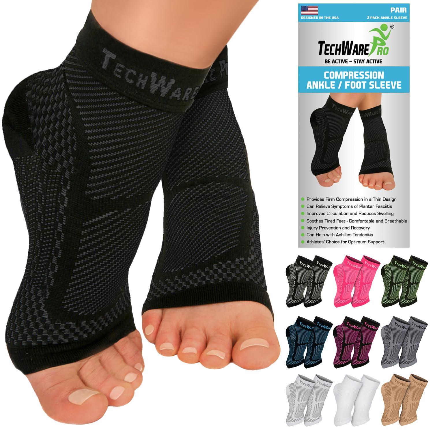 TechWare Pro TechWare Pro Ankle Brace Compression Sleeve - Relieves Achilles Tendonitis, Joint Pain. Plantar Fasciitis Foot Sock with Arch Support Reduces Swelling & Heel Spur Pain. (Black/Black, XXL)