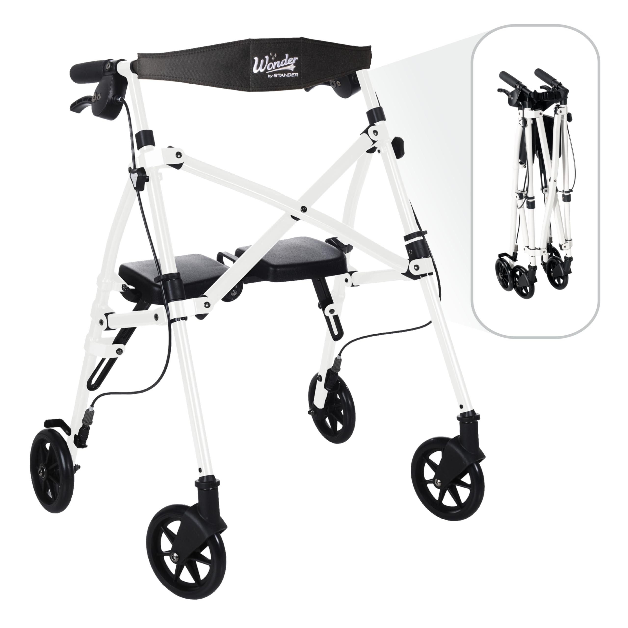 Stander Stander Wonder Rollator Short, Lightweight Junior Folding-Walker for Seniors and Adults, Travel Space-Saver-Rollator, Petite Four Wheel Walking Aid with Seat, Vivid White