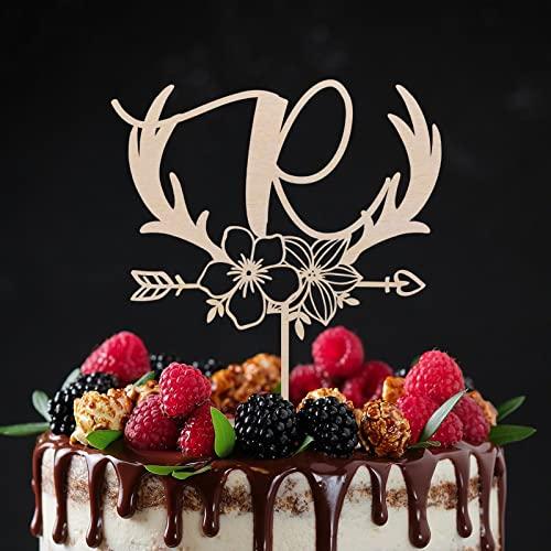 Vinisong Vinisong Personalized Initials Cake Topper Wreath Letter R Cake Topper Wood Monogram Cake Topper Rustic Wedding Cake Topper Birthday Cake Decoration(Design 01,R)