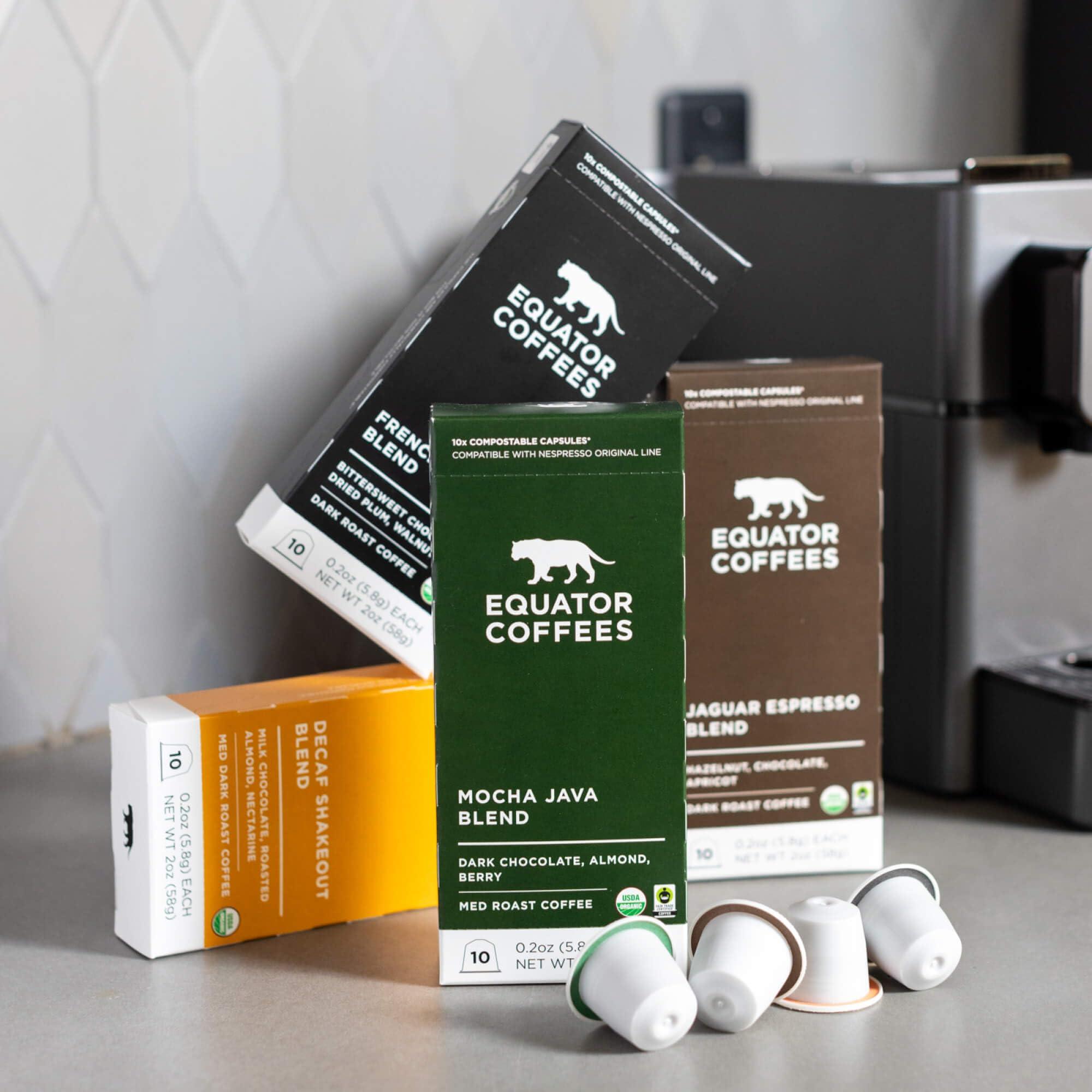 EQUATOR COFFEES Equator Coffees, Organic Espresso Coffee Pods, Medium Roast (Mocha Java Blend, Pack of 10) - Compatible with Nespresso Original Machine, Single Serve Espresso Cups