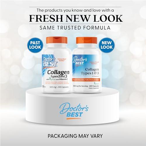 Doctor's BEST Doctor's Best Collagen Types 1 & 3 with Vitamin C, Non-GMO, Gluten Free, Soy Free, Supports Hair, Skin, Nails, Tendons & Bones, 500 mg, 240 Caps (DRB-00263)