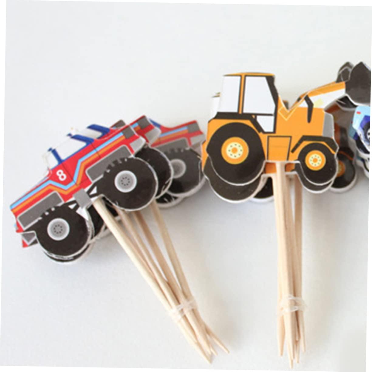 VICASKY VICASKY 48pcs Creative Cake Toppers Gold Cupcake Liners Birthday Construction Sign Monster Truck Cupcake Toppers Party Toppings Containers with Lids Supplies Baking Decorations Wooden