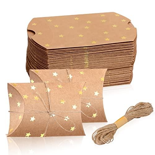 WANGDEFA 100 Pieces Small Gift Pillow Boxes Pillow Boxes for Gifts Kraft New Year Gift Box Christmas Pillow Boxes Pillow Gift Boxes with Jute String for Wedding New year Present and Birthday Party Favor