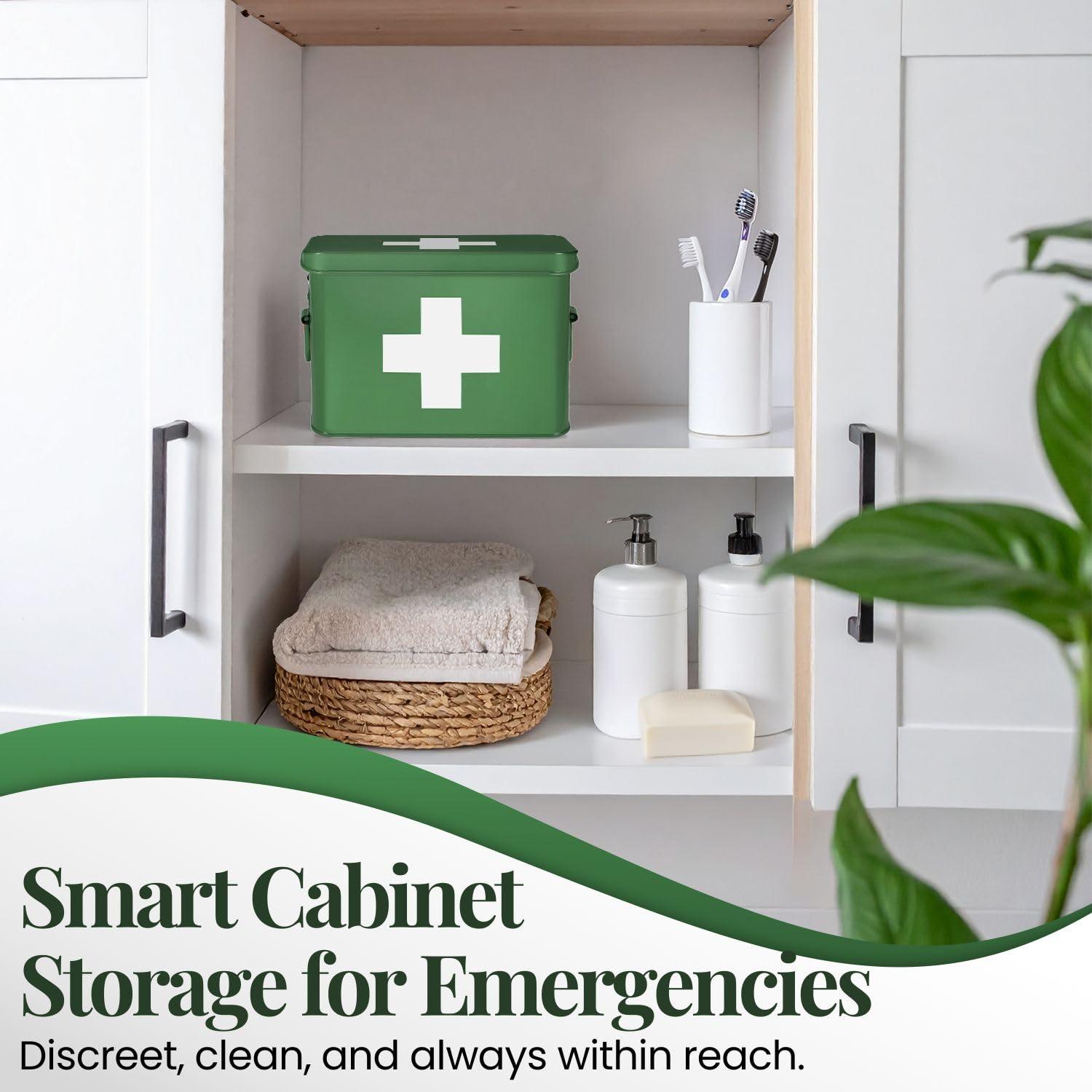 Flexzion Flexzion First Aid Box Organizer, Empty 8.5 Inch Green Vintage First Aid Kit Tin Metal Medical Box First Aid Storage Box Container Bins with Dividers, Removable Tray and Cross Logo