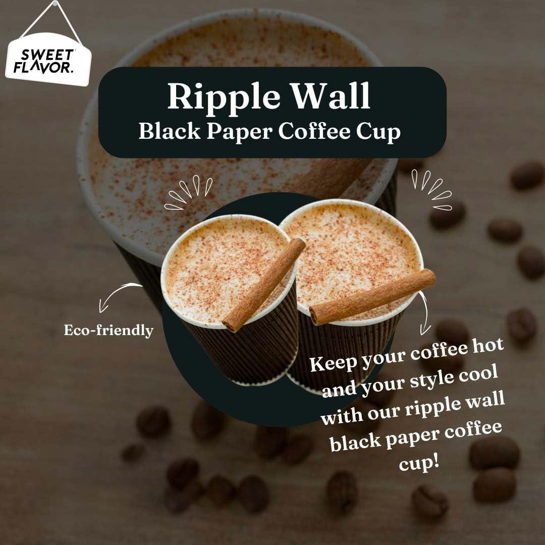 SWEET FLAVOR Disposable Coffee Cups 12oz 500 Pack Black Paper Cups, Ripple Wall Design Hot & Cold Beverage, Eco-Friendly & Recyclable Insulated Coffee Cup Disposable Drinking Cups Suitable Party, Picnic