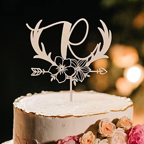 Vinisong Vinisong Personalized Initials Cake Topper Wreath Letter R Cake Topper Wood Monogram Cake Topper Rustic Wedding Cake Topper Birthday Cake Decoration(Design 01,R)