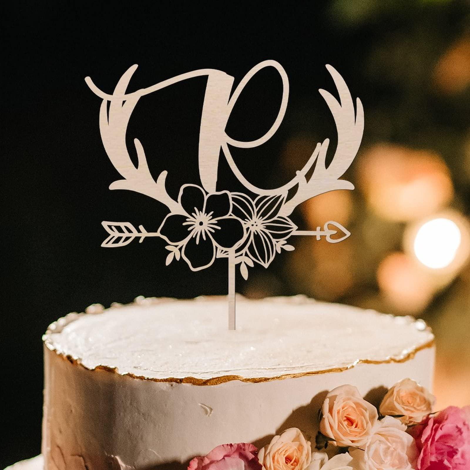 Vinisong Vinisong Personalized Initials Cake Topper Wreath Letter R Cake Topper Wood Monogram Cake Topper Rustic Wedding Cake Topper Birthday Cake Decoration(Design 01,R)