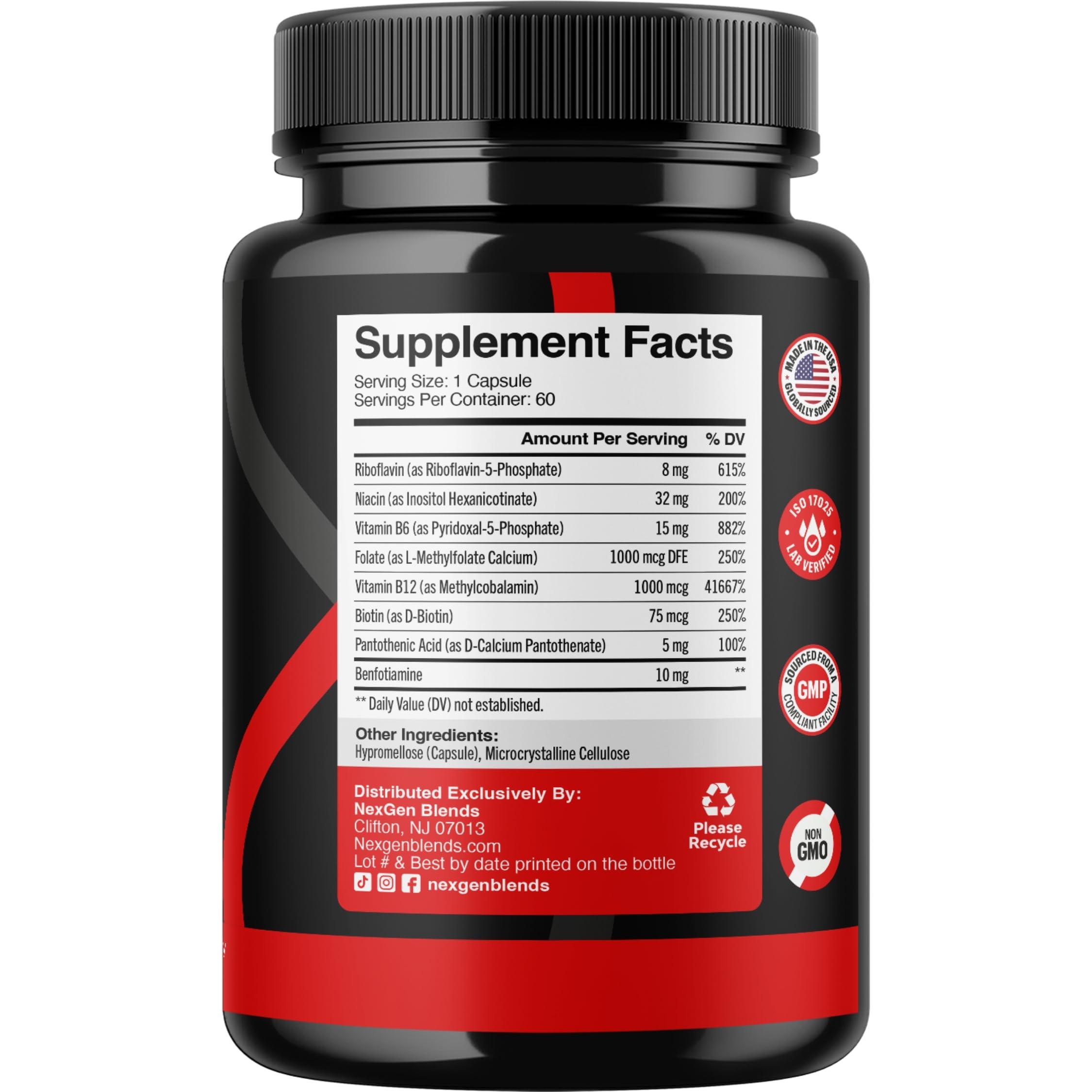 NEXGEN BLENDS Methylated B Complex Vitamin Supplement - Bioactive Methyl B Complex with 5-MTHF Methyl Folate & B12 Methylcobalamin for Brain Heart Energy & Homocysteine Support - Super Vitamin B Complex - 60 Caps