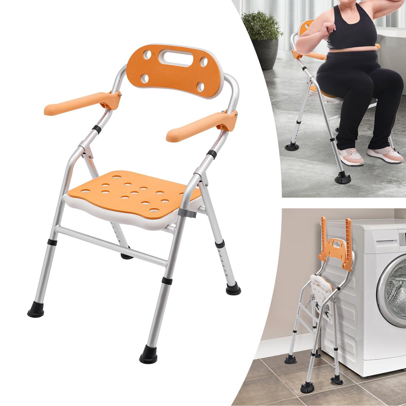 CNCEST CNCEST Folding Shower Chair, 6 Levels Height Adjustment Lightweight Bath Safety Toilet Seat with Soft EVA Cushion and Detachable 5L/1.32Gal Commode for Seniors (Orange)