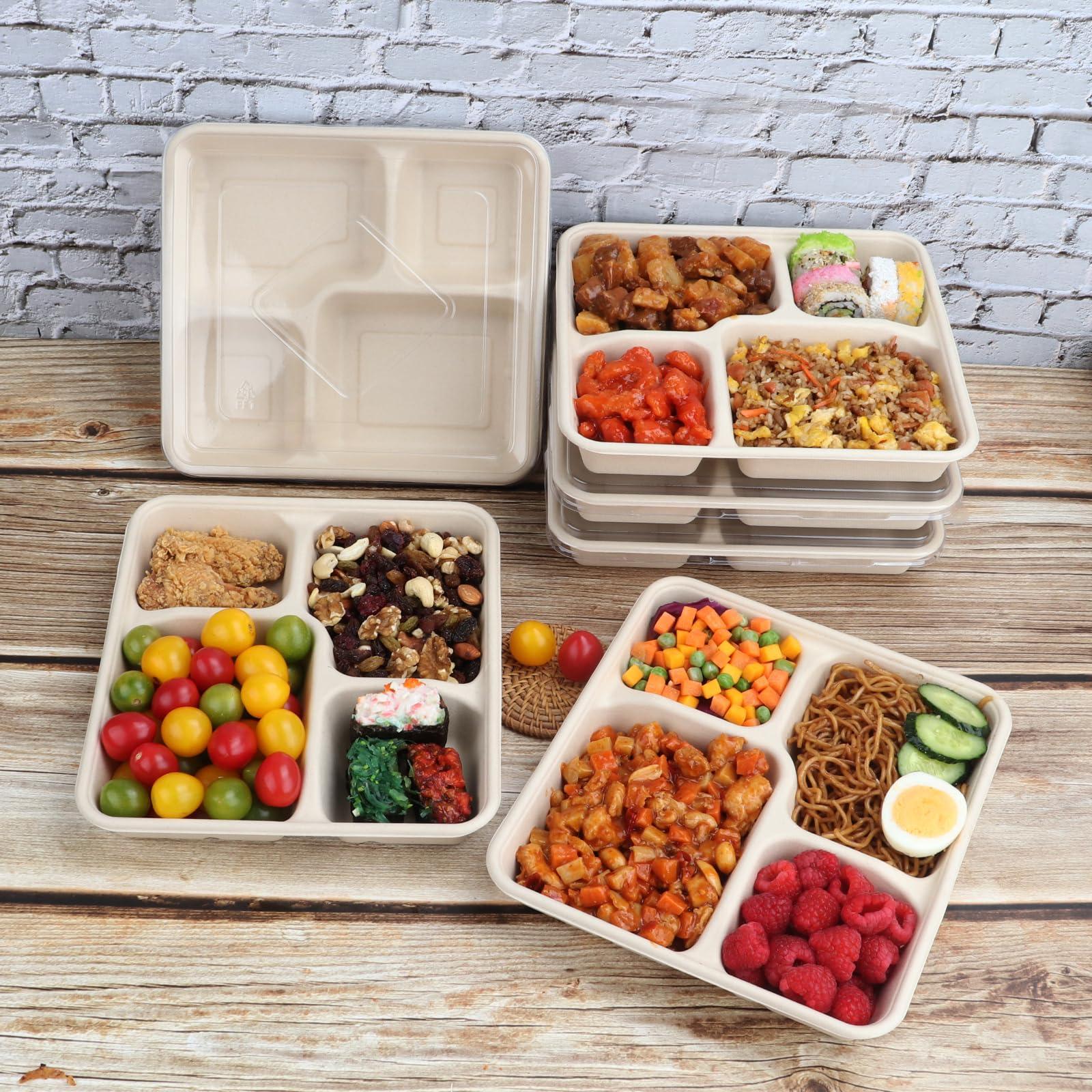 JAYEEY JAYEEY 37 OZ Sugarcane Fiber 4 Compartments disposable plates with Lids Bagasse Plant Fibers Freezer Safe 25 PACK