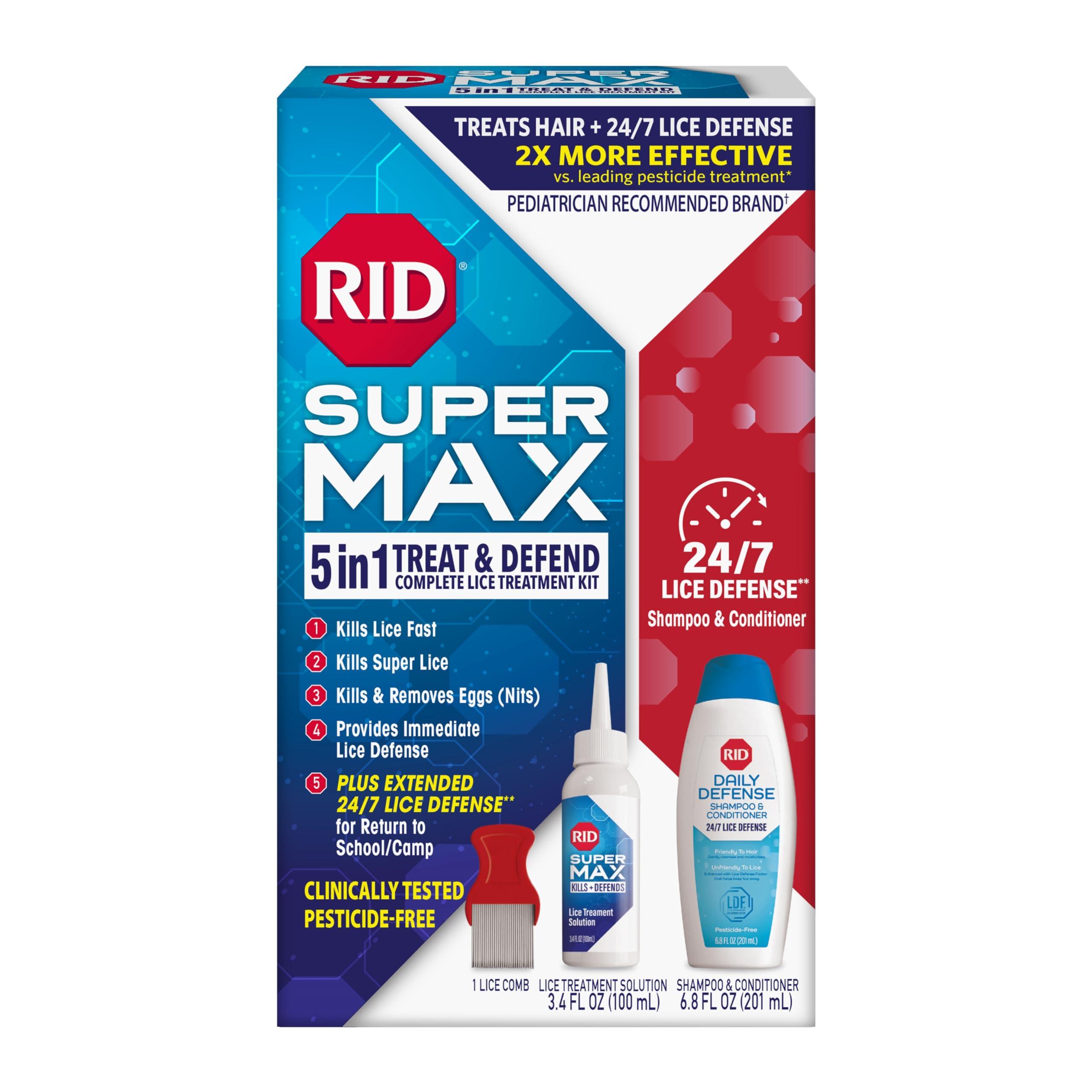 RID RID Super Max Lice Treatment Kit, Kills Lice & Super Lice & Eggs + 24/7 Lice Defense, Pesticide Free, 3.4 FL OZ Solution + 6.8 FL OZ Daily Defense Shampoo & Conditioner + Nit Removal Comb