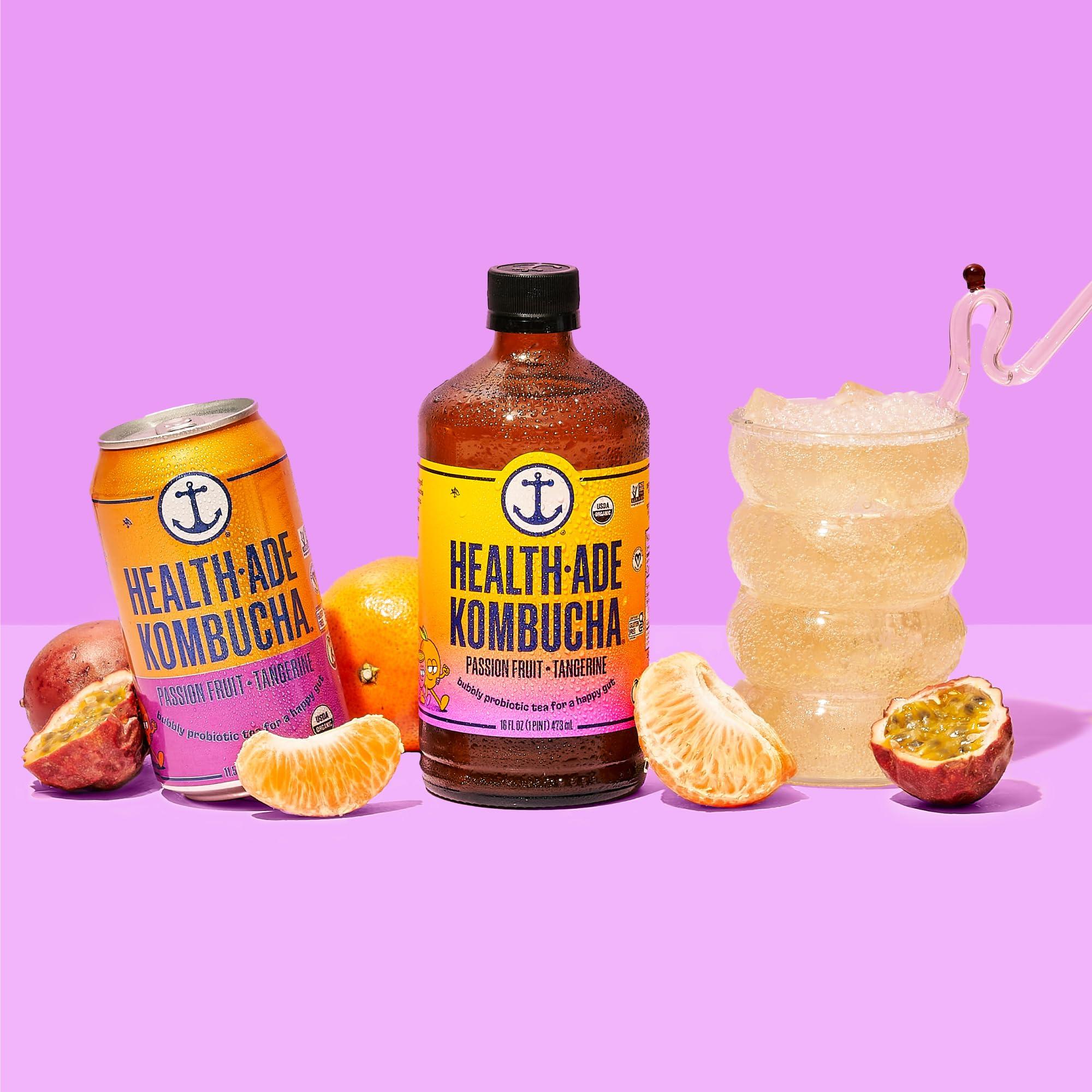 Health-Ade Health-Ade Kombucha Tea Organic Drink, Fermented Tea with Living Probiotics, Detoxifying Acids, Supports Gut Health, Non-GMO, Vegan, Gluten Free, 12 Pack (16 Fl Oz Bottles), Passion Fruit Tangerine