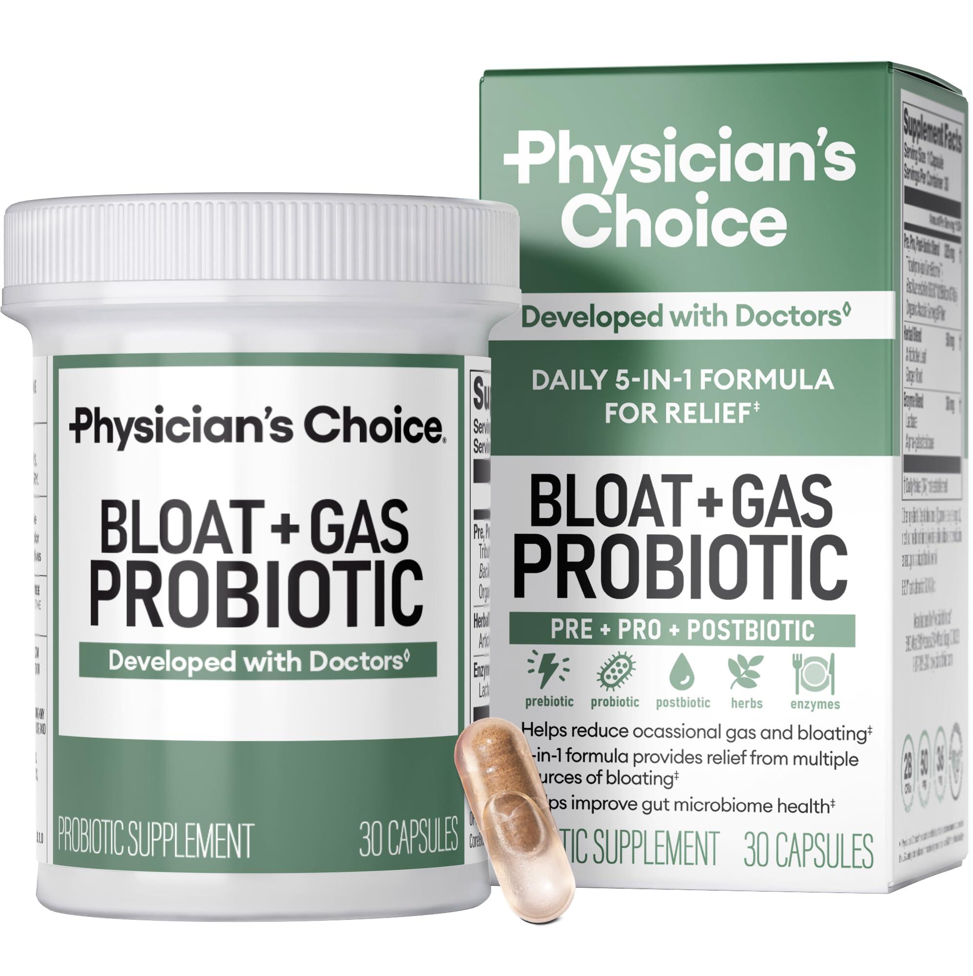 Physician\'s CHOICE Physician\'s CHOICE Bloat & Gas Probiotic 5-in-1 Proactive Support + Daily Relief - Digestion & Gut Health- Herbals, Digestive Enzymes, Post & Prebiotics - Gas Relief for Adults - Women & Men - 30ct