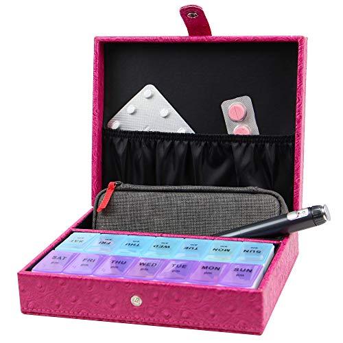 decore Bay 7 Day Pill Box Medication & Prescription Storage Organizer with Leather Travel Case (Fuchsia Pink)