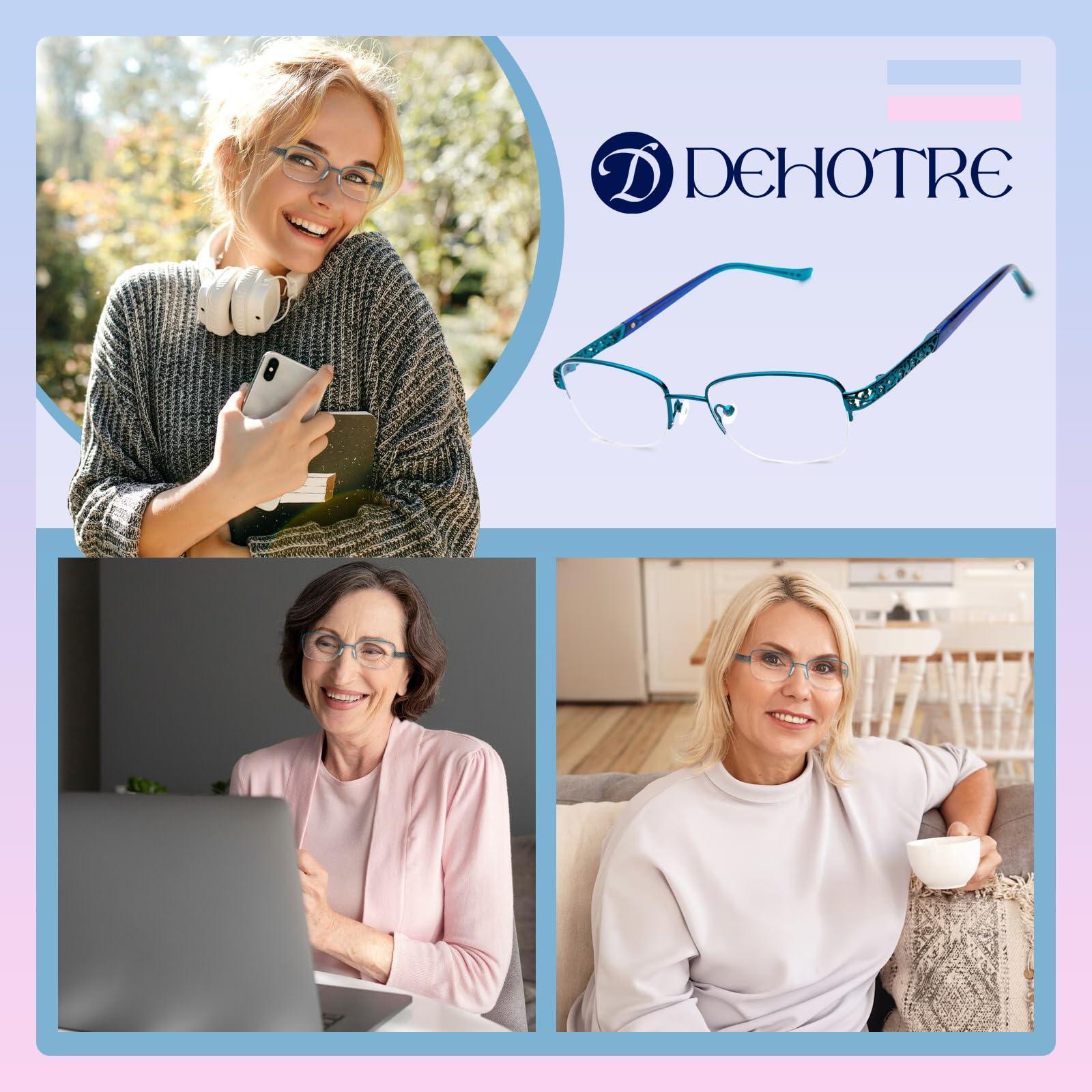 DEHOTRE DEHOTRE Progressive Multifocal Reading Glasses Women No Line Bifocal Readers with Nose Pad Metal Half Frame Mid-Near Range 3ft Blue 2.75