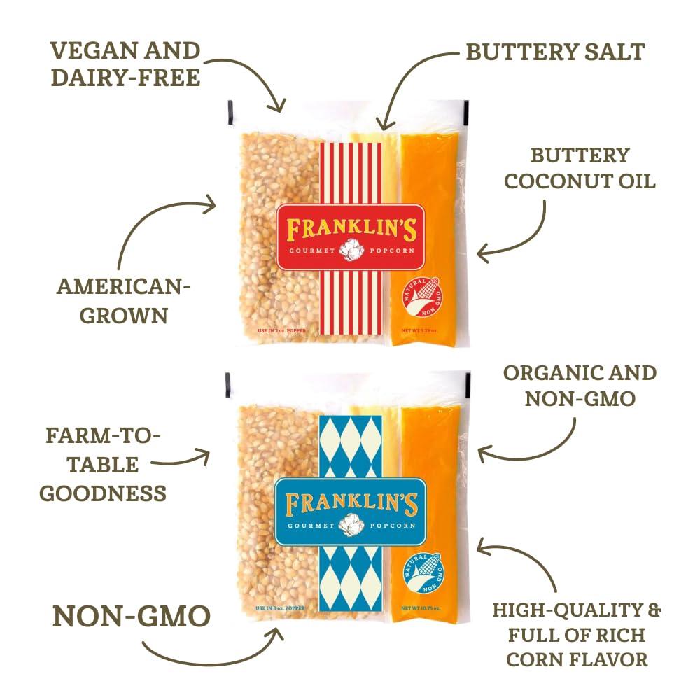 Franklin's Gourmet Popcorn Franklins Gourmet Popcorn All-In-One Pre-Measured Packs - 2oz. Pack of 24 - Butter Flavored Coconut Oil + Butter Salt Popcorn Seasoning + Organic Corn - Authentic Movie Theater Taste Made in USA