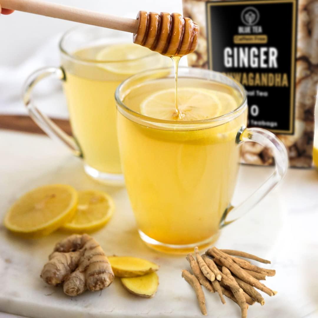 BLUE TEA BLUE TEA - Ginger Ashwagandha Tea - 10 Count - Pyramid Tea Bag | HERBAL BLEND | Antioxidant Rich - Herbal Tea - Caffeine free - Vegan - Non-GMO - Gluten Free - Zesty Flavor - No Sugar | Zipper Pack